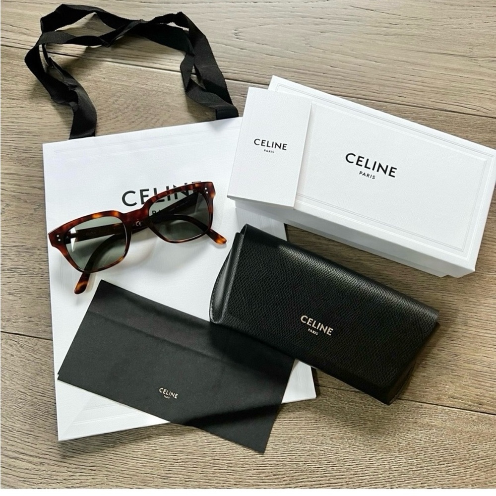 Celine CL40061I Square Acetate Sunglasses Red Havana Green Lenses